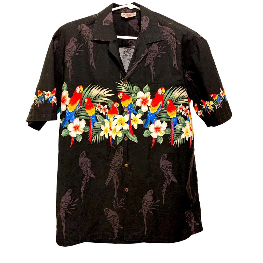 Hawaiian Aloha Shirt Men's Size Large Parrots Black Cotton Pacific Legend 1980